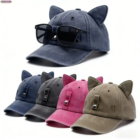 Y2K Cat Ear Trucker Hat with Detachable Sunglasses
