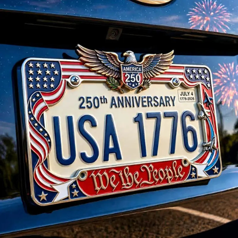 2PCS Heavy-Duty Aluminum 250th Anniversary American Flag License Plate Frame - Front License Plate Cover, We The People Car Tag Holder, Patriotic Auto Decor Car Accessories For Men, July 4th Truck Gear