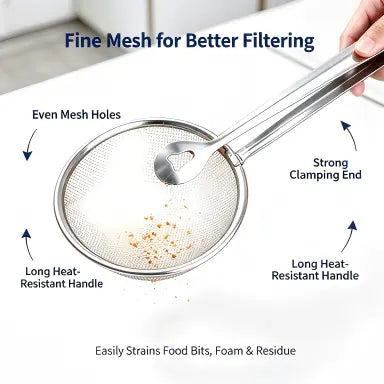 2-in-1 Stainless Steel Strainer Tongs – Fine Mesh Skimmer Spoon Clip for Frying & Hot Pot