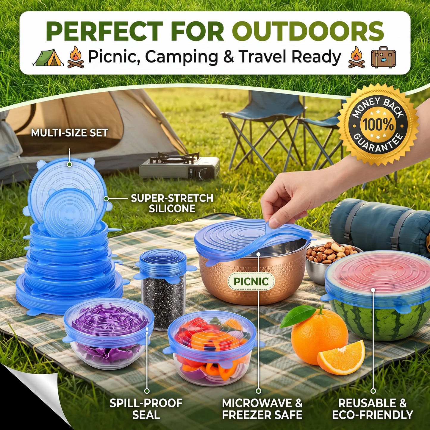 6-Pack Universal Reusable Silicone Lids – Self-Sealing Food Covers for Various Container Sizes