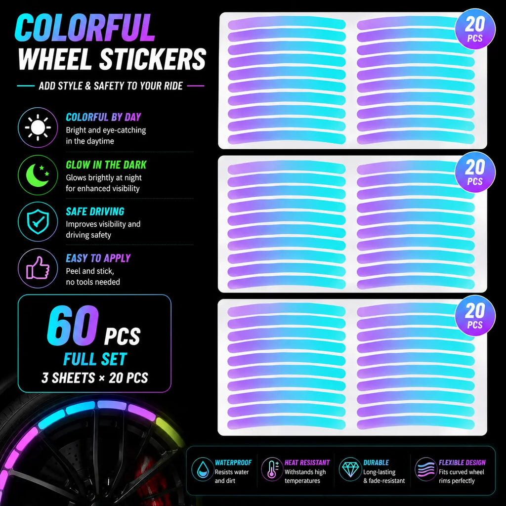 60-Piece Glow in The Dark Reflective Wheel Rim Stickers – Waterproof Universal Decals for Cars