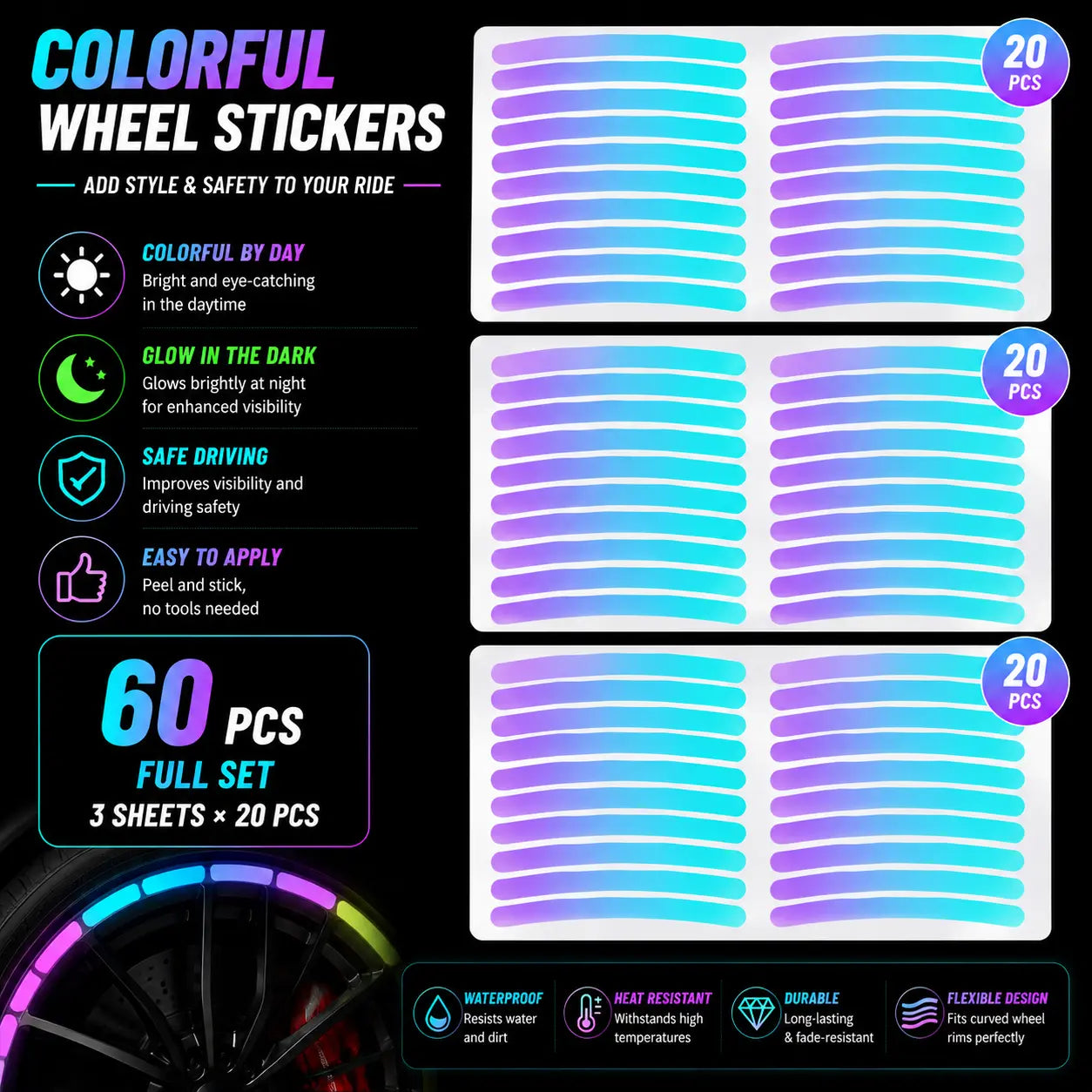 60-Piece Glow in The Dark Reflective Wheel Rim Stickers – Waterproof Universal Decals for Cars