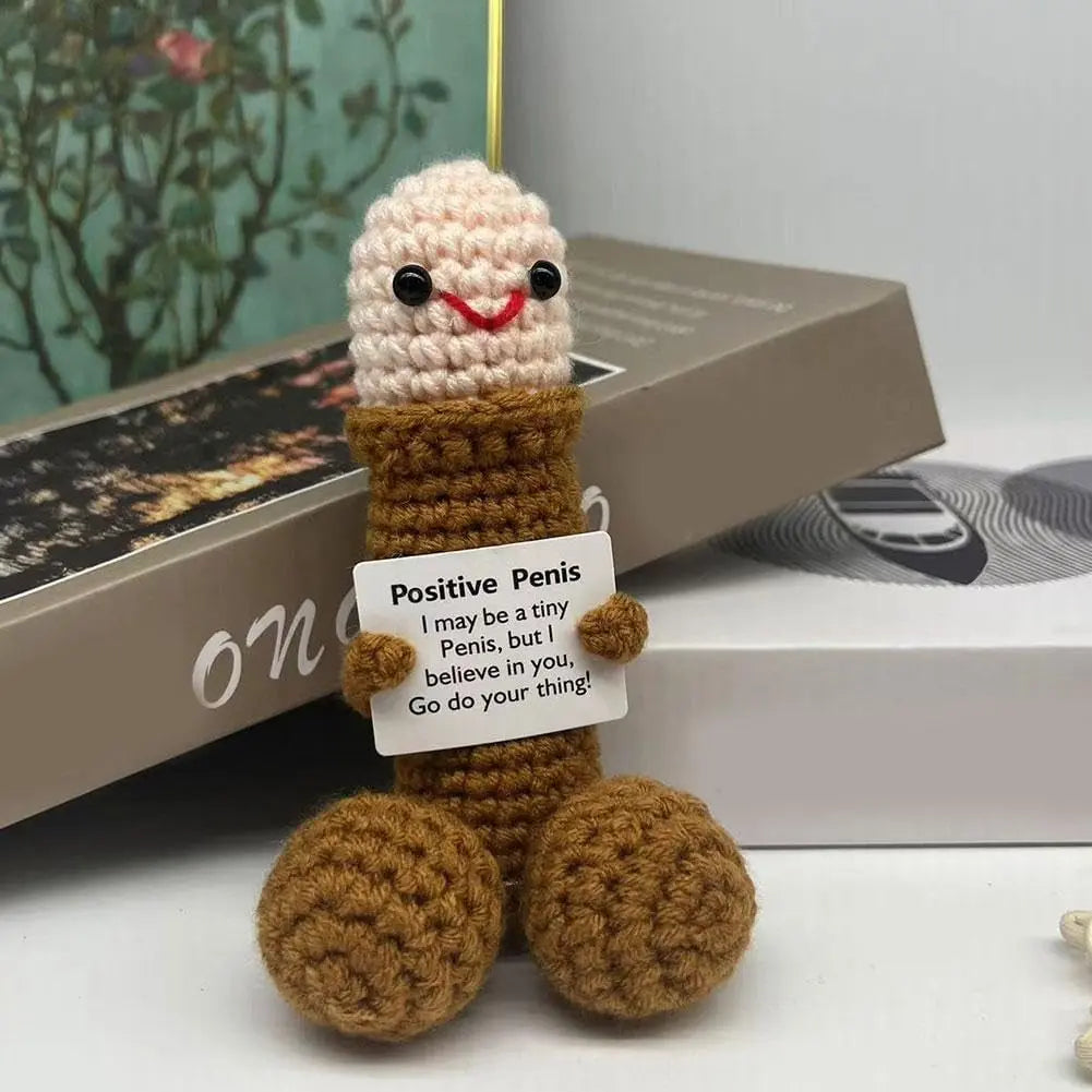 Funny Emotional Support Crochet Doll with Encouragement Card – Cute Knitted Desktop Decor & Inspirational Gift