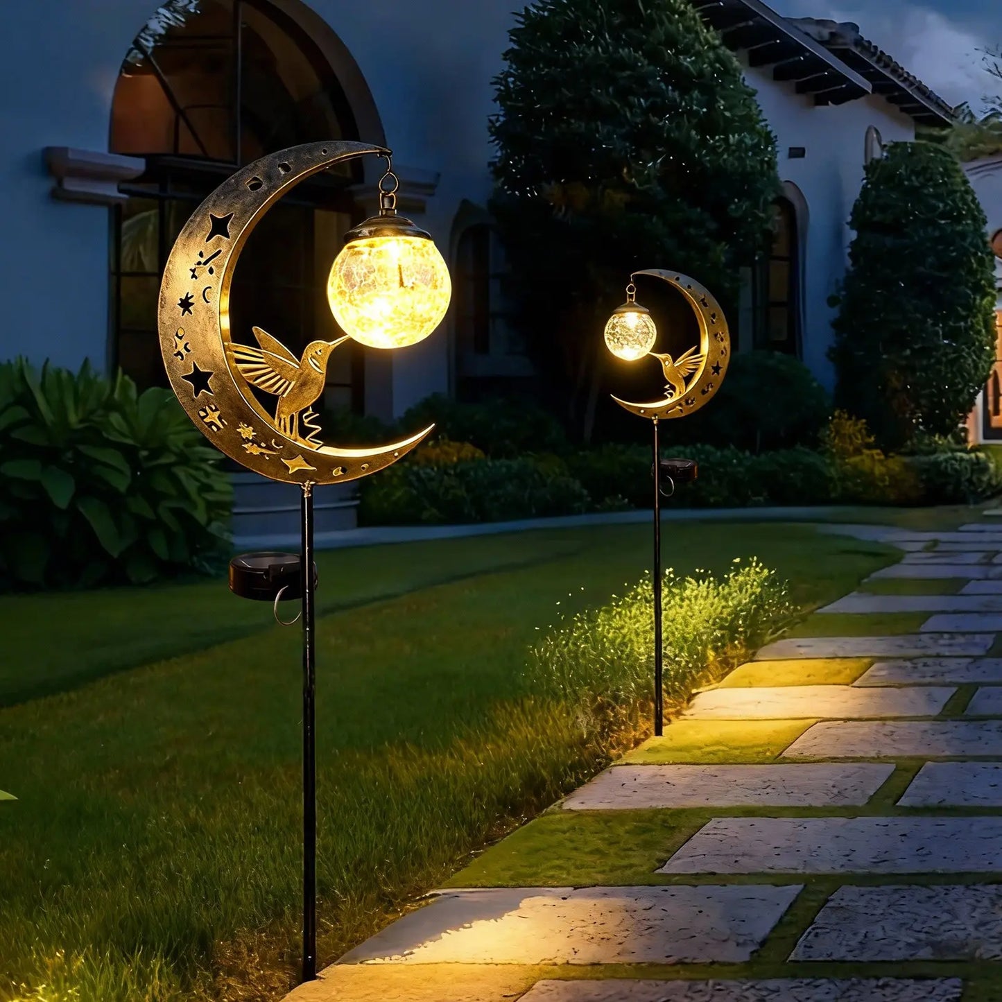 Solar Ground Stake Light, Lawn Decoration Lamp, Yard Lighting, Hollow Iron Bird Moon Design, Includes Broken Glass Ball, Outdoor Garden Pathway Decor, Solar Garden Lights, Garden Decorative Lighting