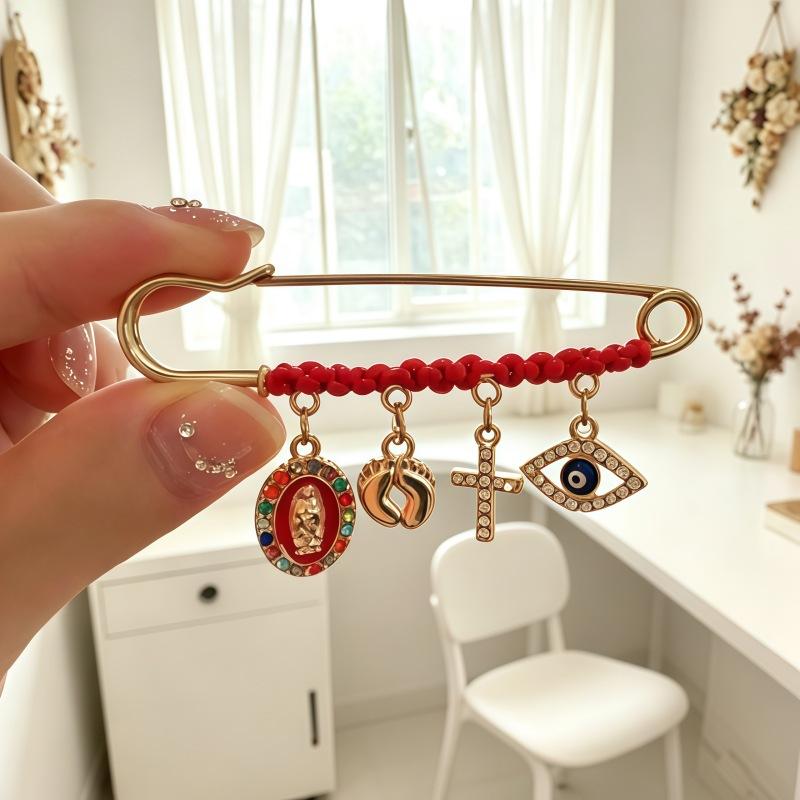 September Laurel Protection Brooch for Pregnancy & Baby Religious Charm Maternity Safety Pin Brooch – Virgin Mary, Cross & Evil Eye Belly Jewelry Pin