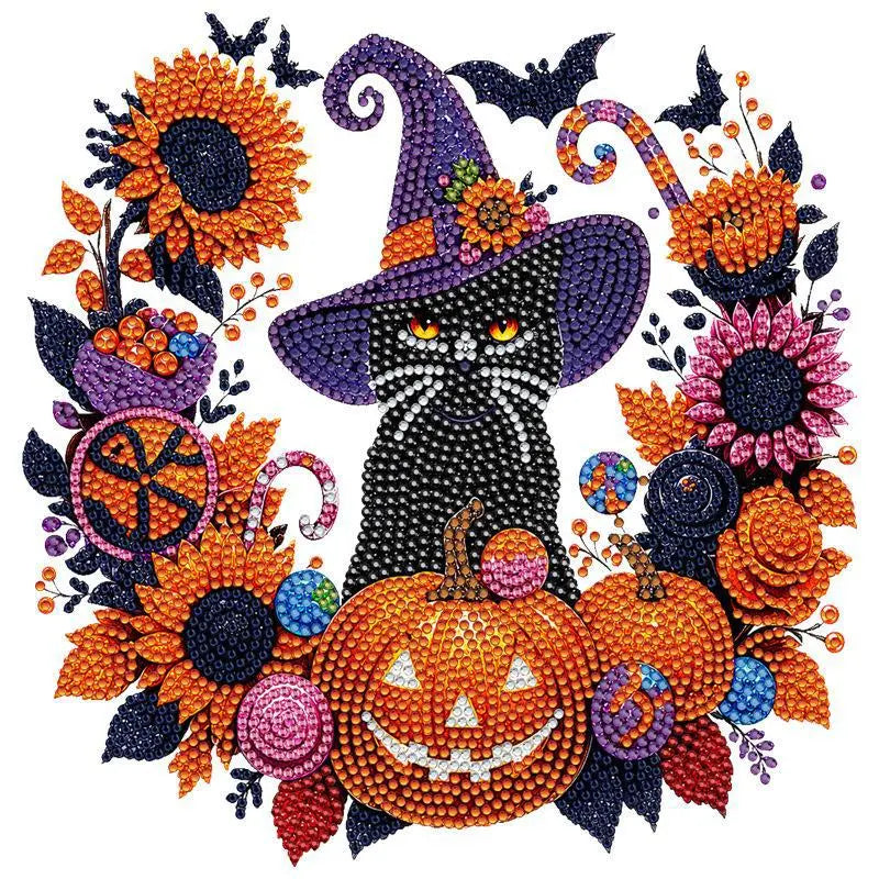 Halloween Diamond Painting Suncatcher Ornament Kit – Pumpkin & Black Cat DIY Gem Art for Window Decor