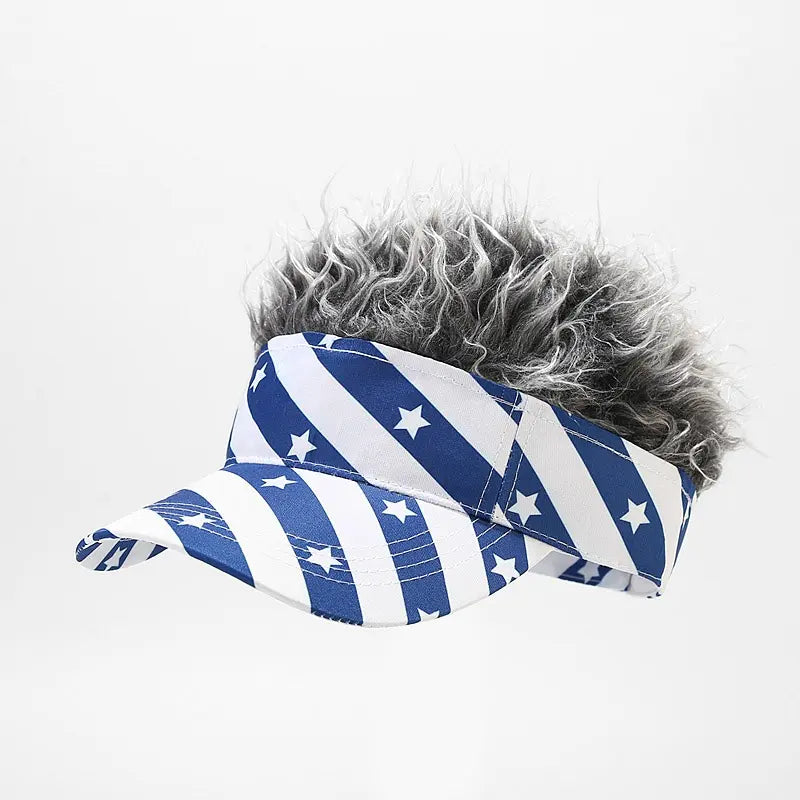 Patriotic US Flag Visor Hat with Fake Hair Wig