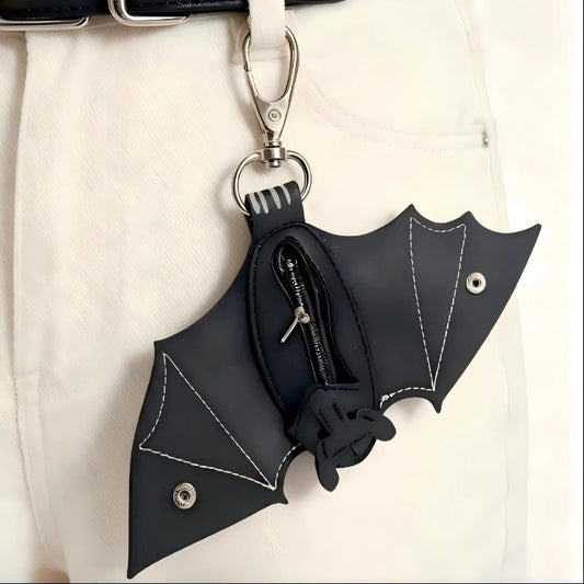 Bat Wing Leather Keychain Pouch – Gothic Coin Purse Holder, Mini Wallet Key Ring Accessory
