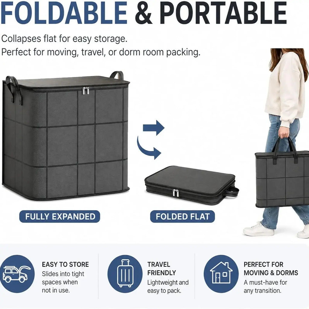 Large-Volume Fabric Storage Bin with Zipper & Handles – Organizer Bag for Bedding & Clothes