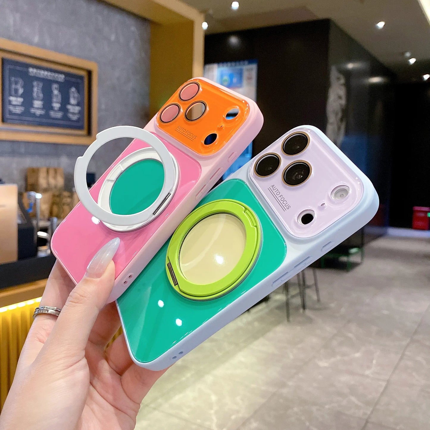 Dopamine Colorblock Glossy Magnetic Case for iPhone 17 Pro Max – 360° Rotating Ring Stand & MagSafe Cover