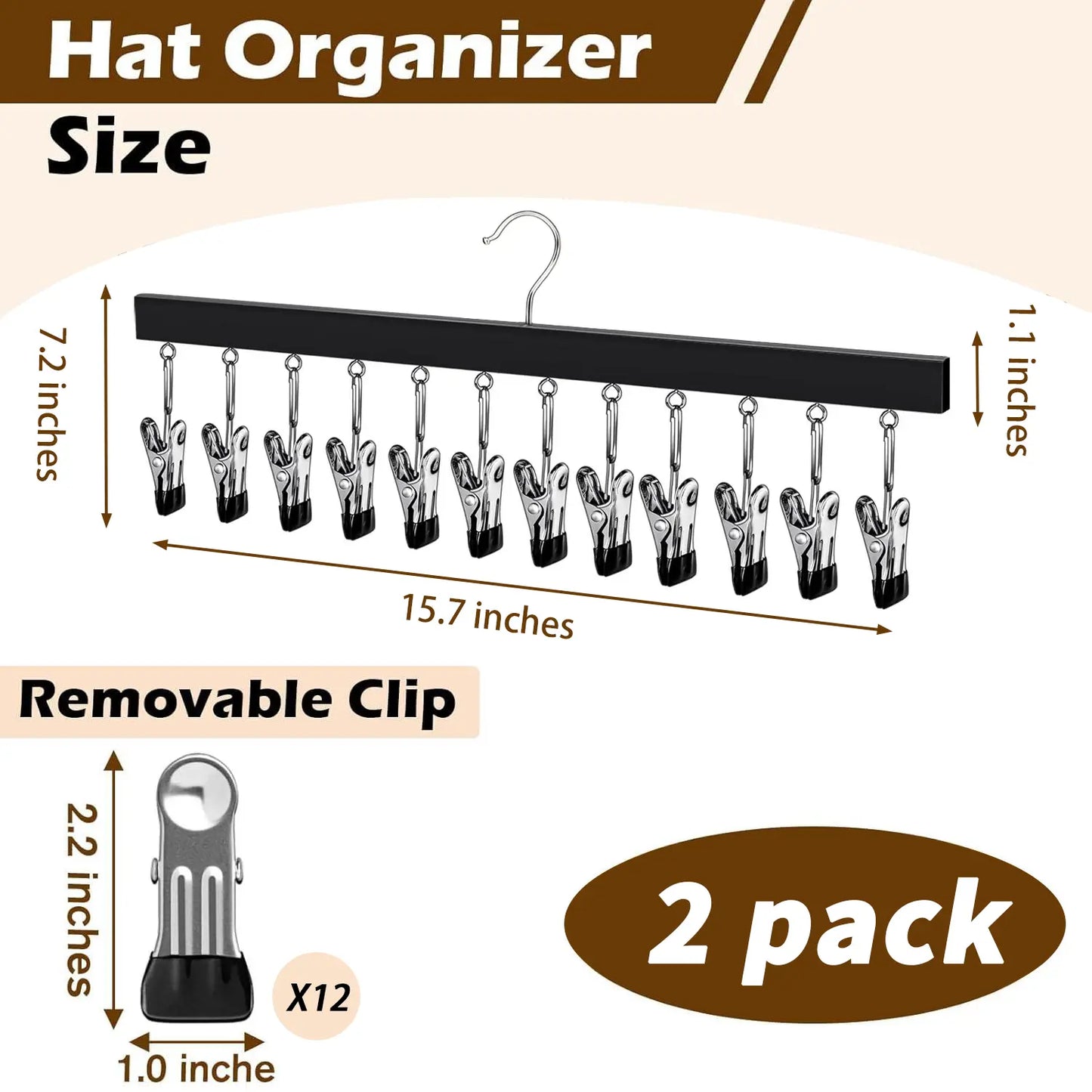 Wooden Hat Organizer with 12 Stainless Steel Clips - Multi Hanger for Baseball Caps