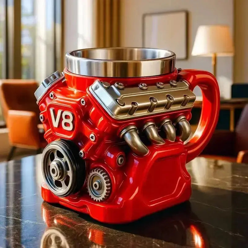 V8 Engine Stainless Steel Coffee Mug Gift for Car Lovers and Dads