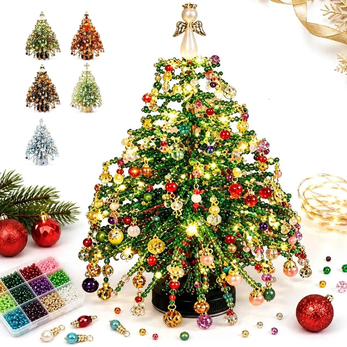 DIY Beaded Christmas Tree Kit with Crystal Beads & Metal Frame – Handmade Tabletop Holiday Decor