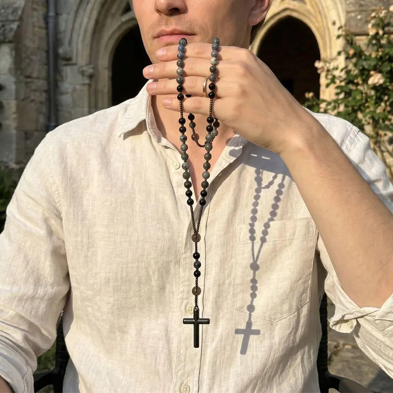 Eclat Mystique Natural Obsidian Yooperlite Rosary Necklace UV Reactive Protection Necklace Hematite Stone Cross Pendant Necklace Gift for her, gift for him