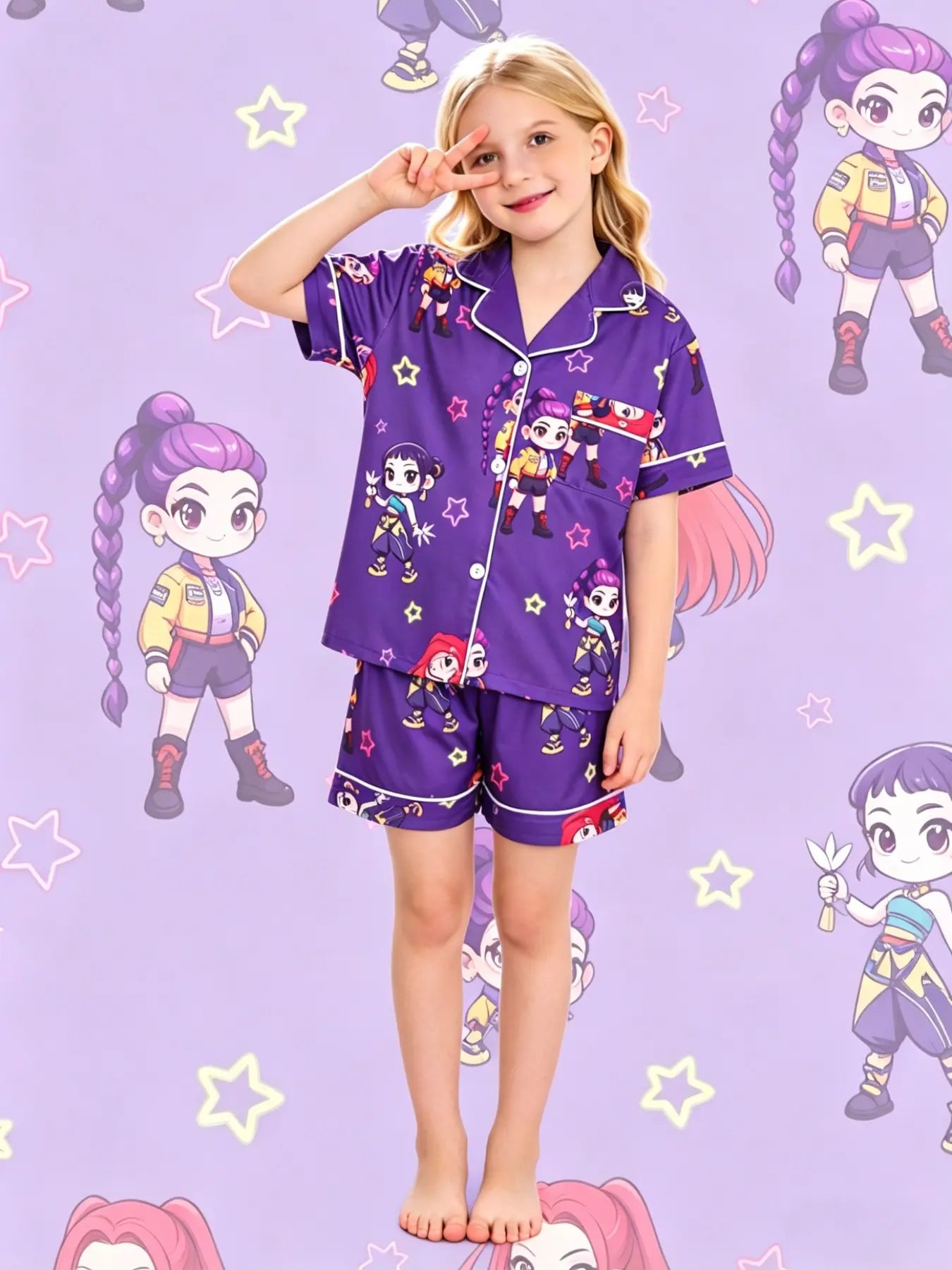 2-piece children's full body kpop cartoon character colorful star pattern printed short sleeved shorts with soft and comfortable collar design, small pocket elastic waistband, home daily casual children's clothing Sleepwear Collared Pajama Set