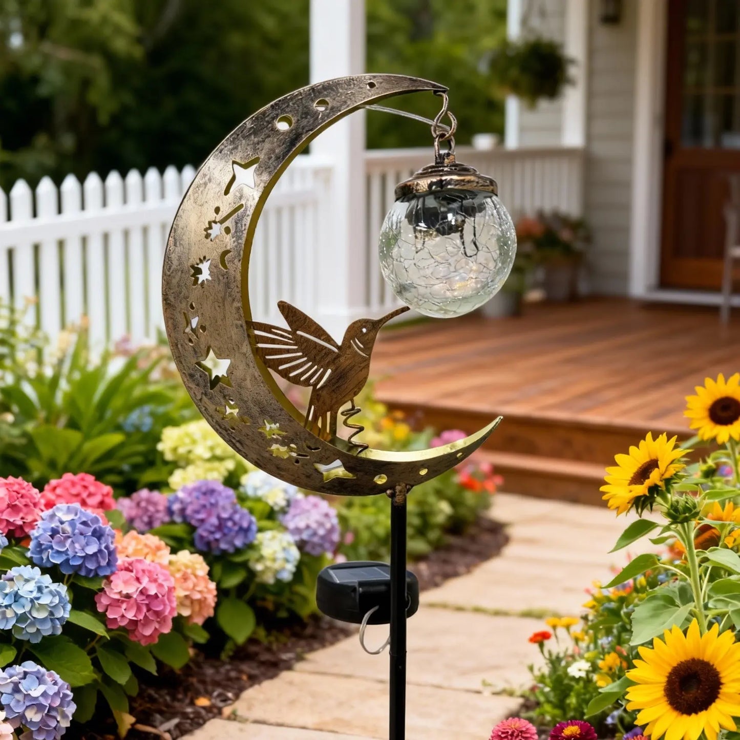 Solar Ground Stake Light, Lawn Decoration Lamp, Yard Lighting, Hollow Iron Bird Moon Design, Includes Broken Glass Ball, Outdoor Garden Pathway Decor, Solar Garden Lights, Garden Decorative Lighting