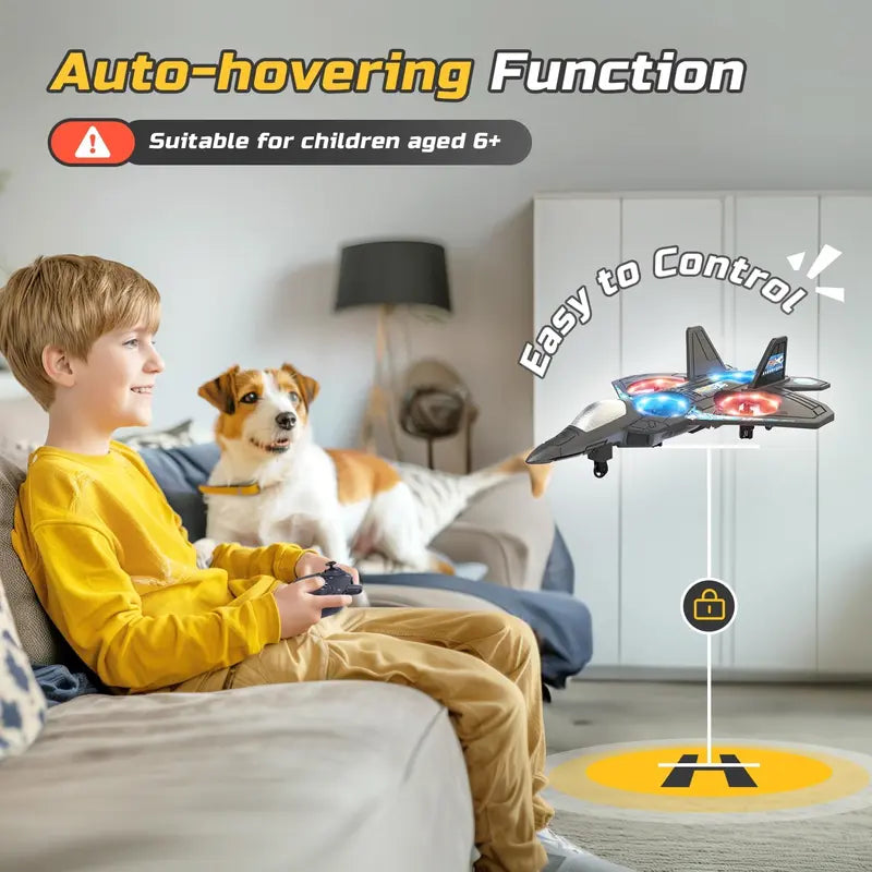 RC Flying Fighter Jet Toy with LED Lights & Stunt Rotation – Durable EVA Foam Remote Control Plane