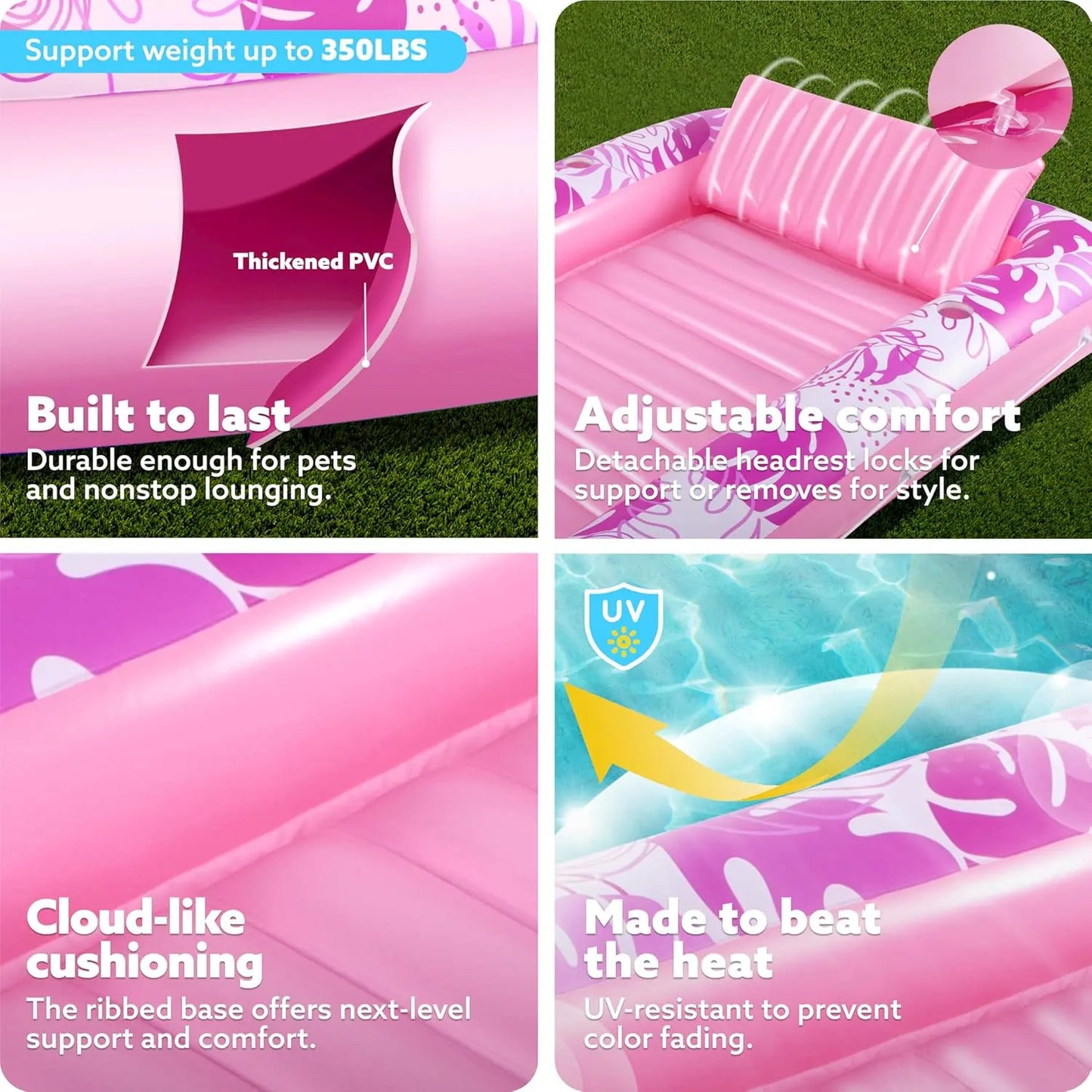 Sloosh L/XL Extra Large Inflatable Tanning Pool Float (70"x46"/85"x57") | 4-in-1 Adult Sunbathing Bed with Pillow, Cup Holder & Kids Ball Pit