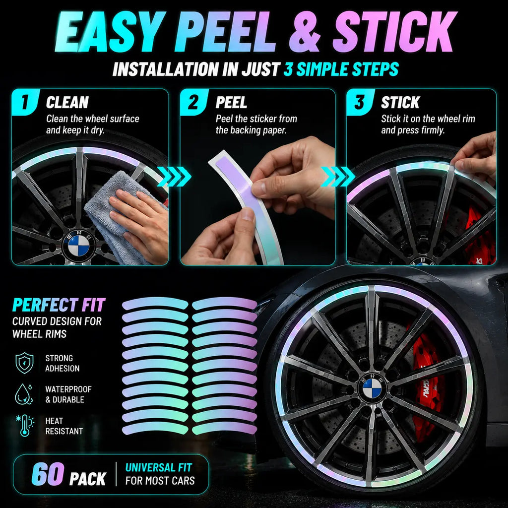 60-Piece Glow in The Dark Reflective Wheel Rim Stickers – Waterproof Universal Decals for Cars