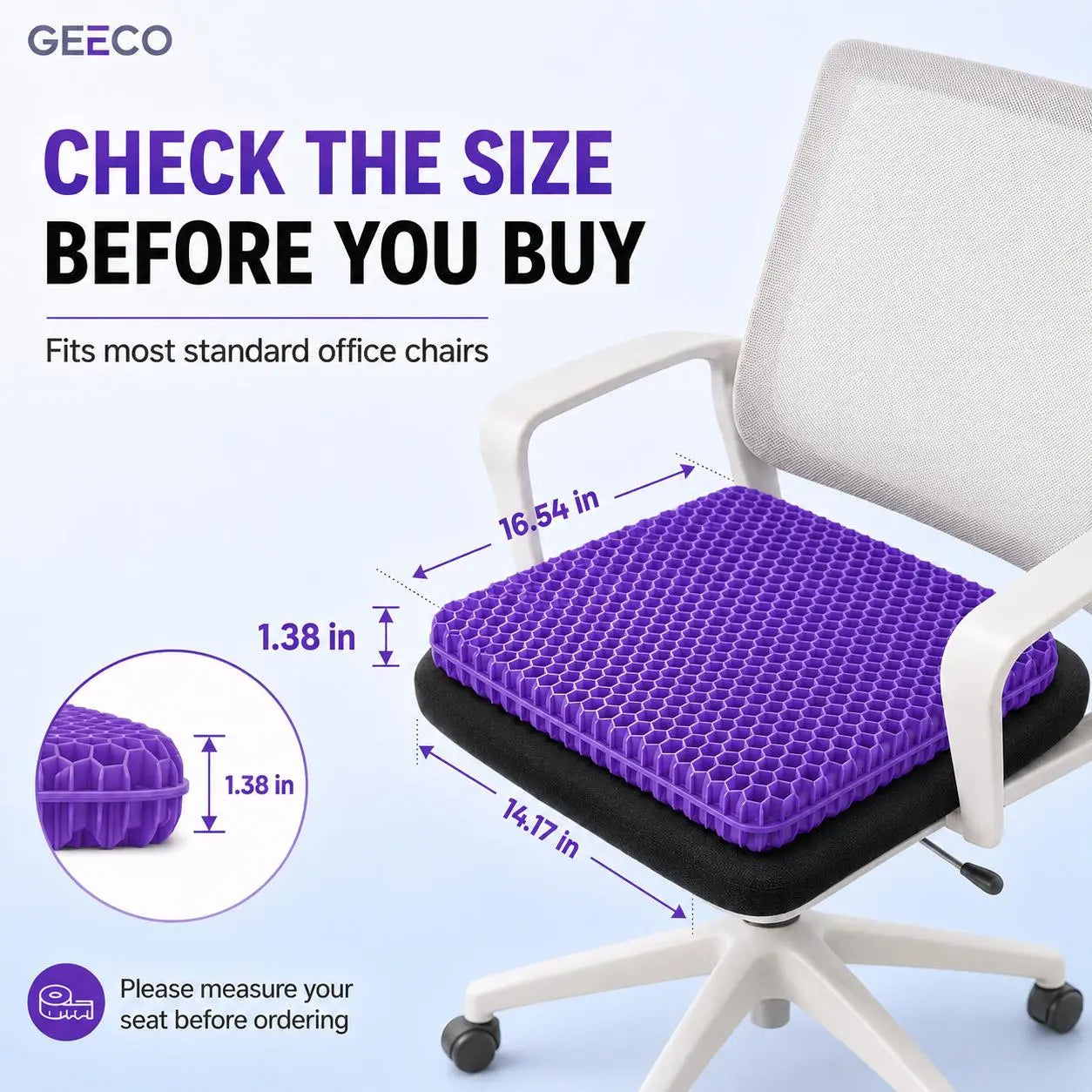 GEECO Purple Gel Seat Cushion – Firm Honeycomb Cooling Pad with Non-Slip Cover