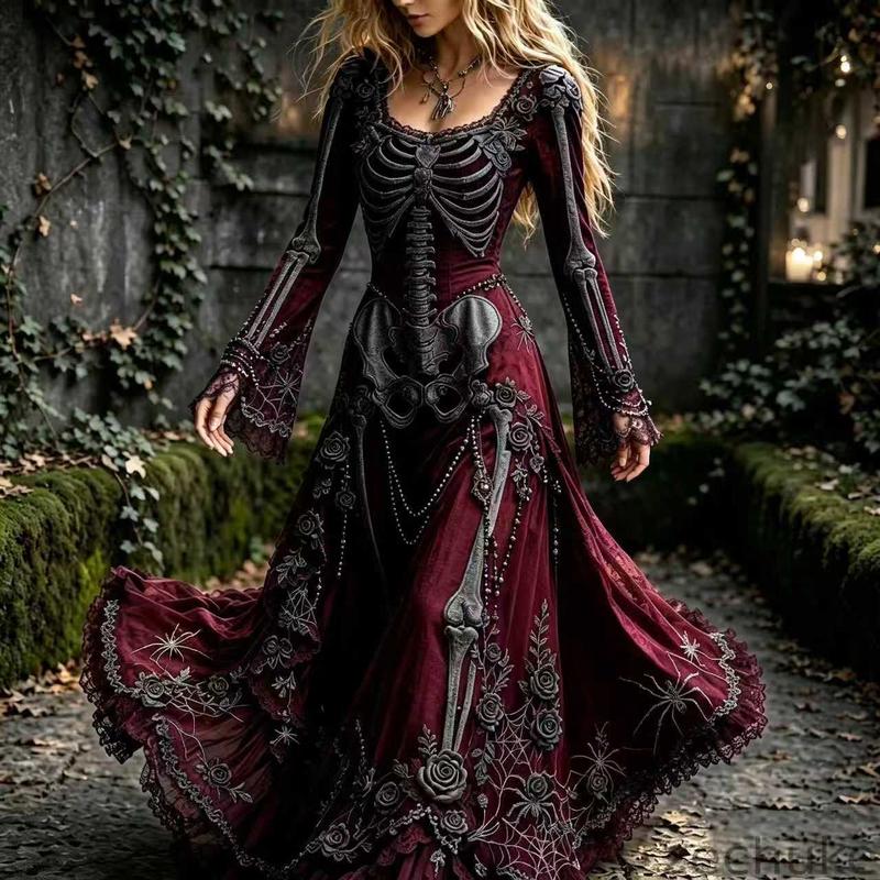 Women's Autumn Vintage Court Style Horn-Sleeve High-Waist Dress for Halloween