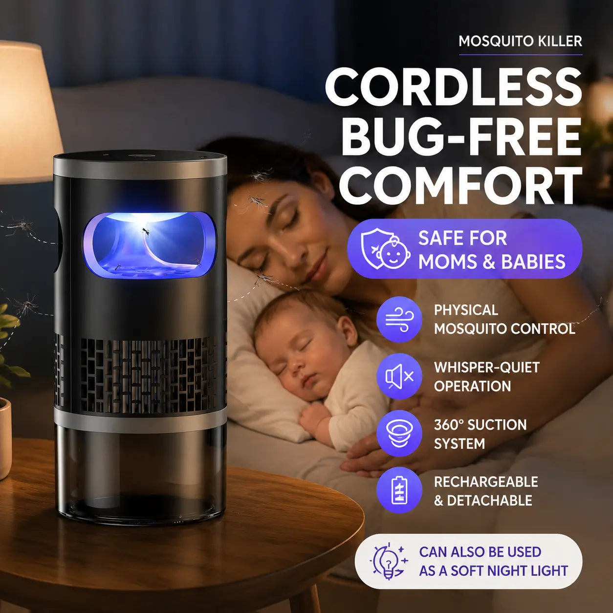 Quiet Indoor Mosquito and Fruit Fly Trap with Light Suction