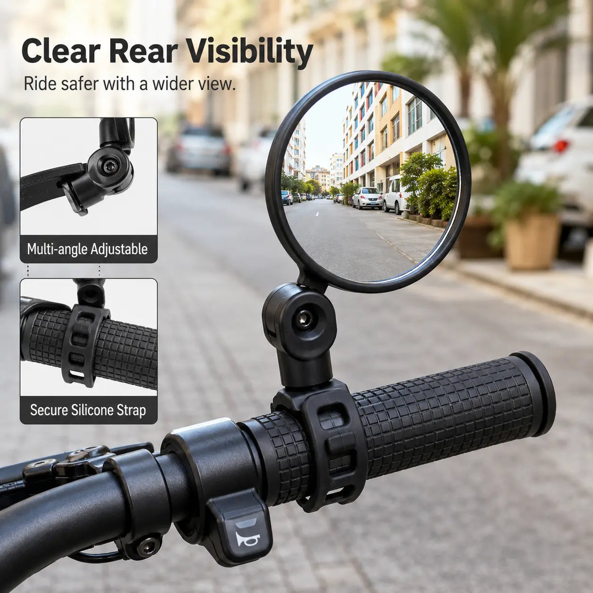 Adjustable Convex Bicycle Rearview Mirror – Shatterproof Clear Handlebar Mirror (1.5-3cm)