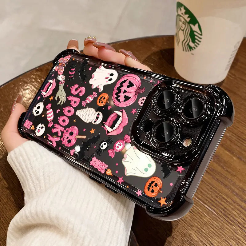 Cute Candy Pumpkin & Ghost Transparent Phone Case for iPhone 17 Pro Max – 4-Corner Anti-Fall Shockproof Cover