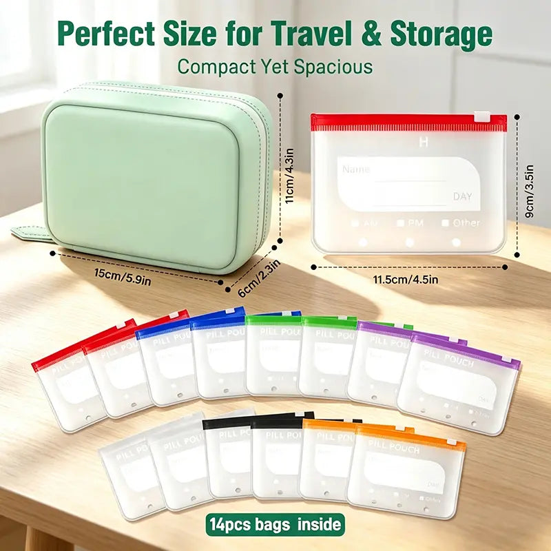 14-Piece A8 Waterproof Pill Pouch Organizer Set with Color-Coded Labels