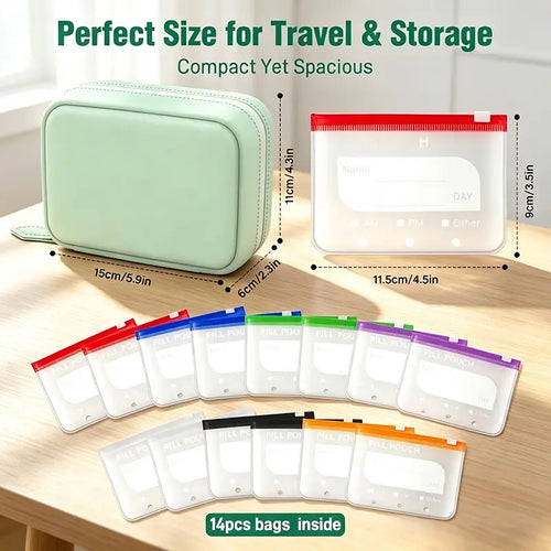 14-Piece A8 Waterproof Pill Pouch Organizer Set with Color-Coded Labels