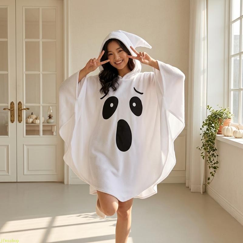 Adult White Hooded Ghost Cape – Soft Loose-Fit Halloween Poncho Costume
