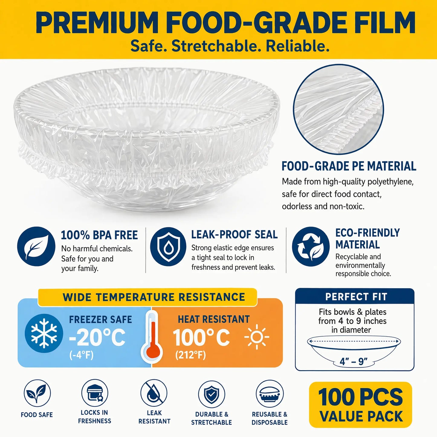 100-Pack Elastic Plastic Food Covers for Sourdough Proofing & Freshness