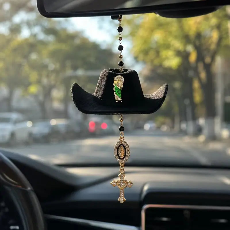 Handmade St. Jude Black Sombrero Car Blessing Charm – Faith Protection Rearview Mirror Ornament