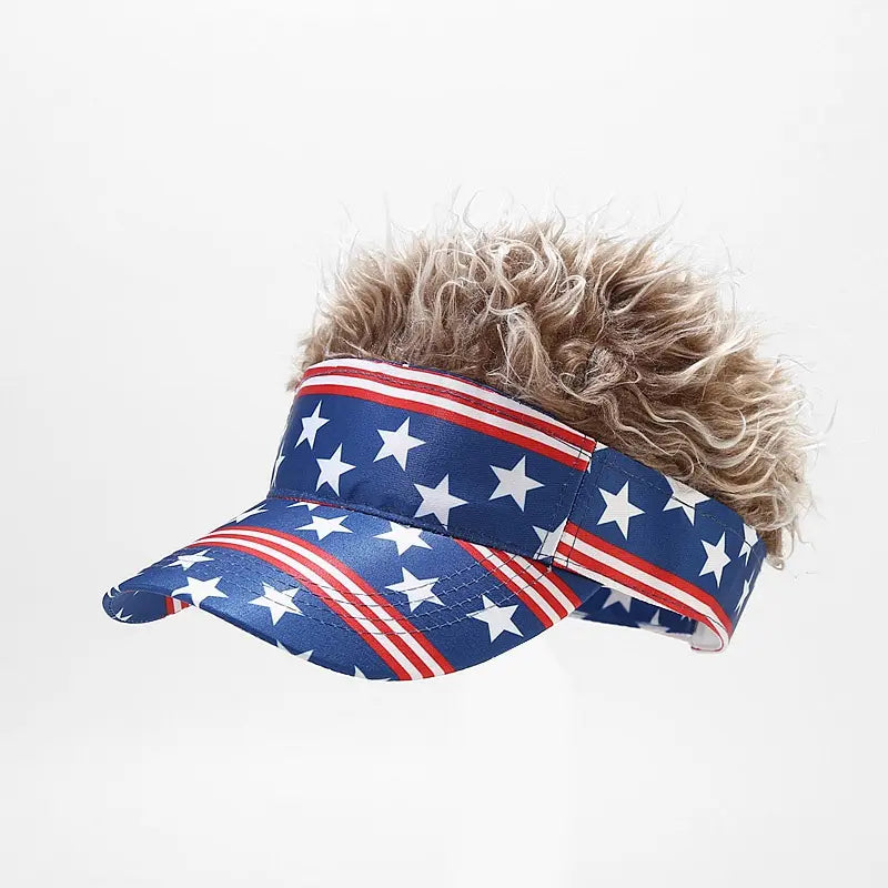 Patriotic US Flag Visor Hat with Fake Hair Wig