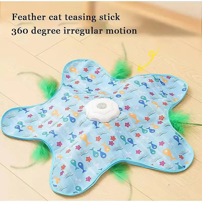 Colorful Pentagonal Cat Hunting Hood Toy with Two Feather Refills, Electric Auto-Rotating Feather Teaser Rod, Self-Entertainment Hide-and-Seek Game for Cats