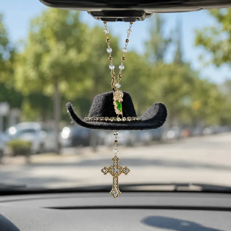 Handmade St. Jude Black Sombrero Car Blessing Charm – Faith Protection Rearview Mirror Ornament