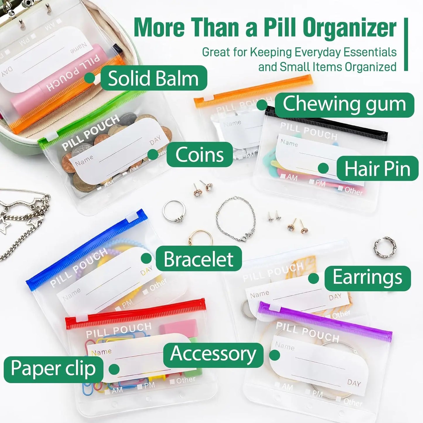 A8 Waterproof Weekly Pill Organizer: Travel Medicine Pouch Set with 14 Color-Coded Reusable Zipper Bags
