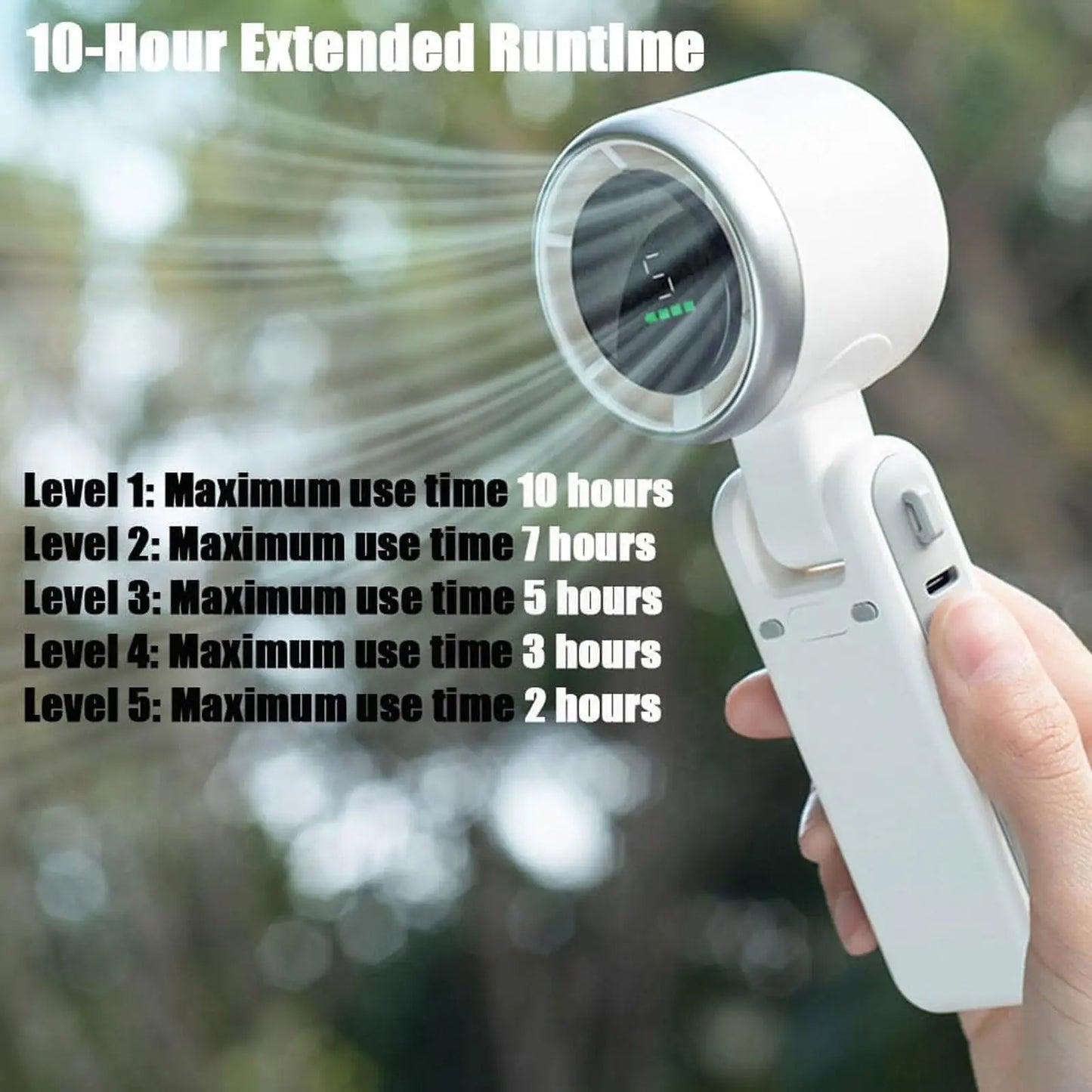 5-Speed Portable Turbo Handheld Fan: 12H Long-Life Battery for Travel & Beach