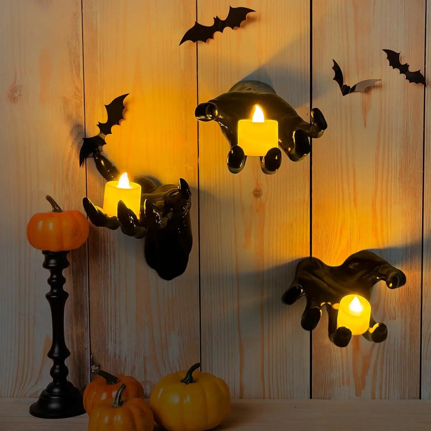 3-Pack Wall-Mounted Creepy Reaching Hands with Lighted Candles for Halloween Decoration
