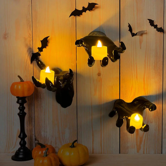 3-Pack Wall-Mounted Creepy Reaching Hands with Lighted Candles for Halloween Decoration