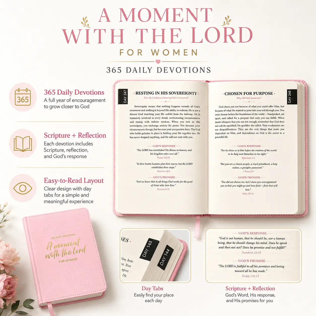 A Moment With The Lord Women’s 365-Day Study Bible, Embossed Faux Leather Devotional Journal & Inspirational Christian Gift for Her