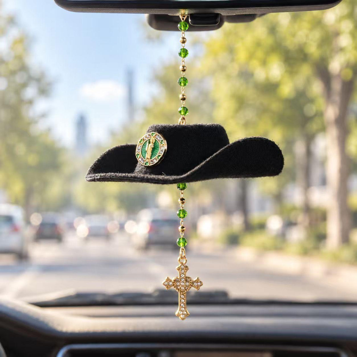 Handmade St. Jude Black Sombrero Car Blessing Charm – Faith Protection Rearview Mirror Ornament