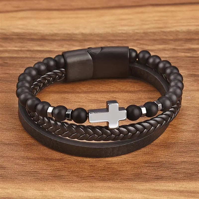 Men's Cross Leather Braided Bracelet Natural Stone Bracelet Cross Bangle Multilayer Braided Wristband Boho Style Magnetic Closure for Daily Use Christmas Gift for him