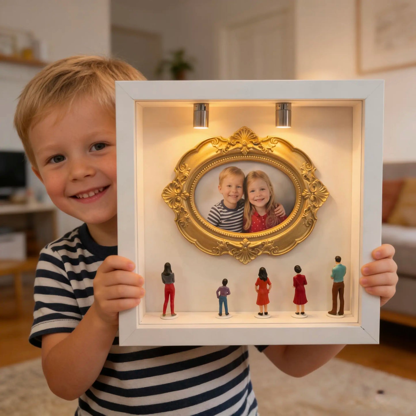 DIY Shadow Box Photo Frame with Mini Figures & LED Lights - Personalized Memory Display Gift for Family & Loved Ones