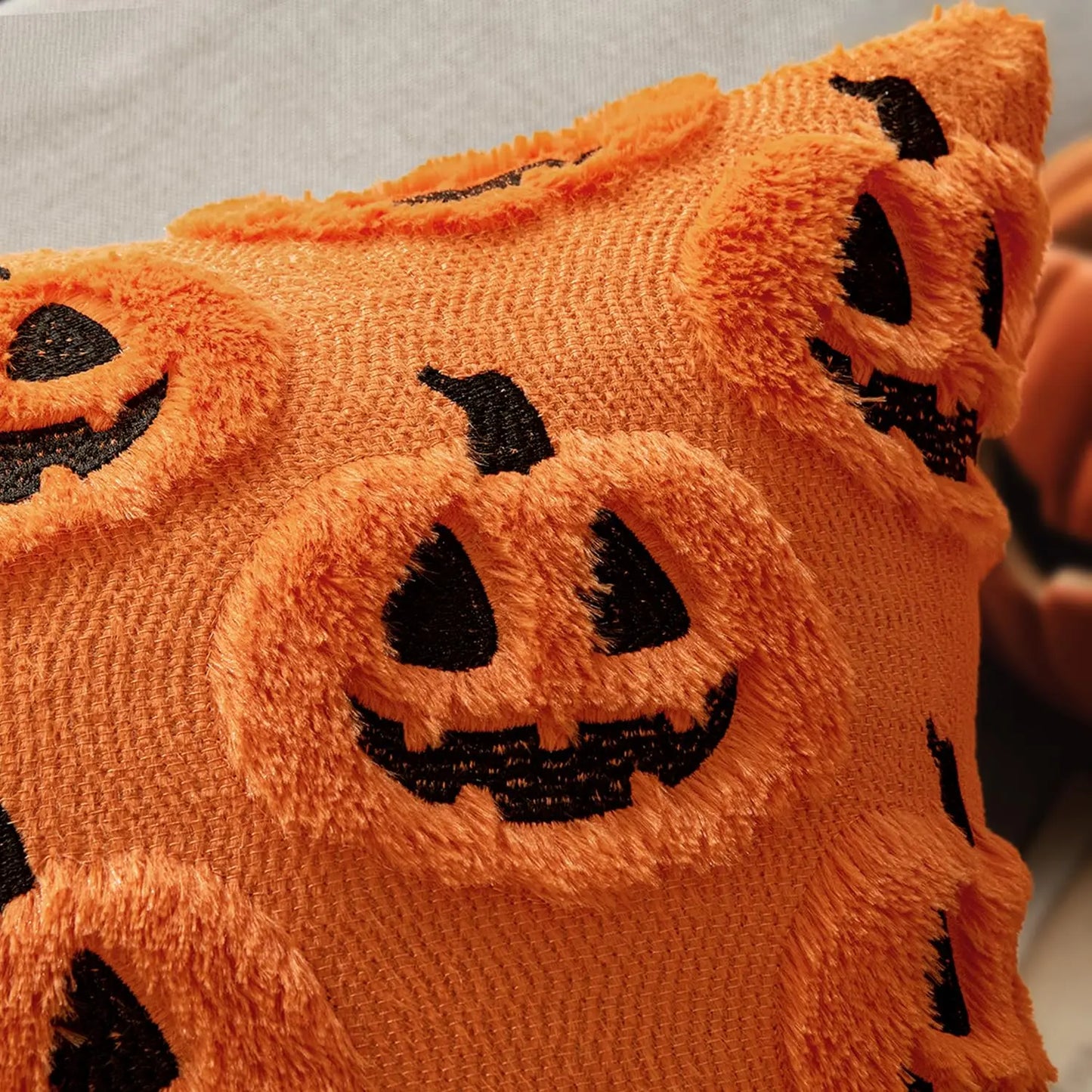 Embroidered Pumpkin Halloween Pillow Cover – Soft Faux Wool Farmhouse Decor