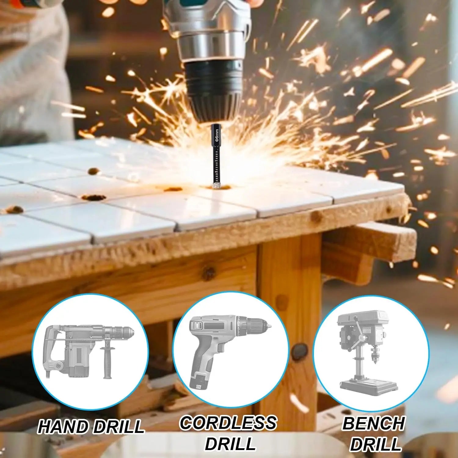 6 Pcs Diamond Drill Bits Set, 1/4 5/6 3/8 1/2 Inch Brazed Diamond Drill Bits for Precision Drilling in Tile Ceramic Glass Granite Marble Masonry