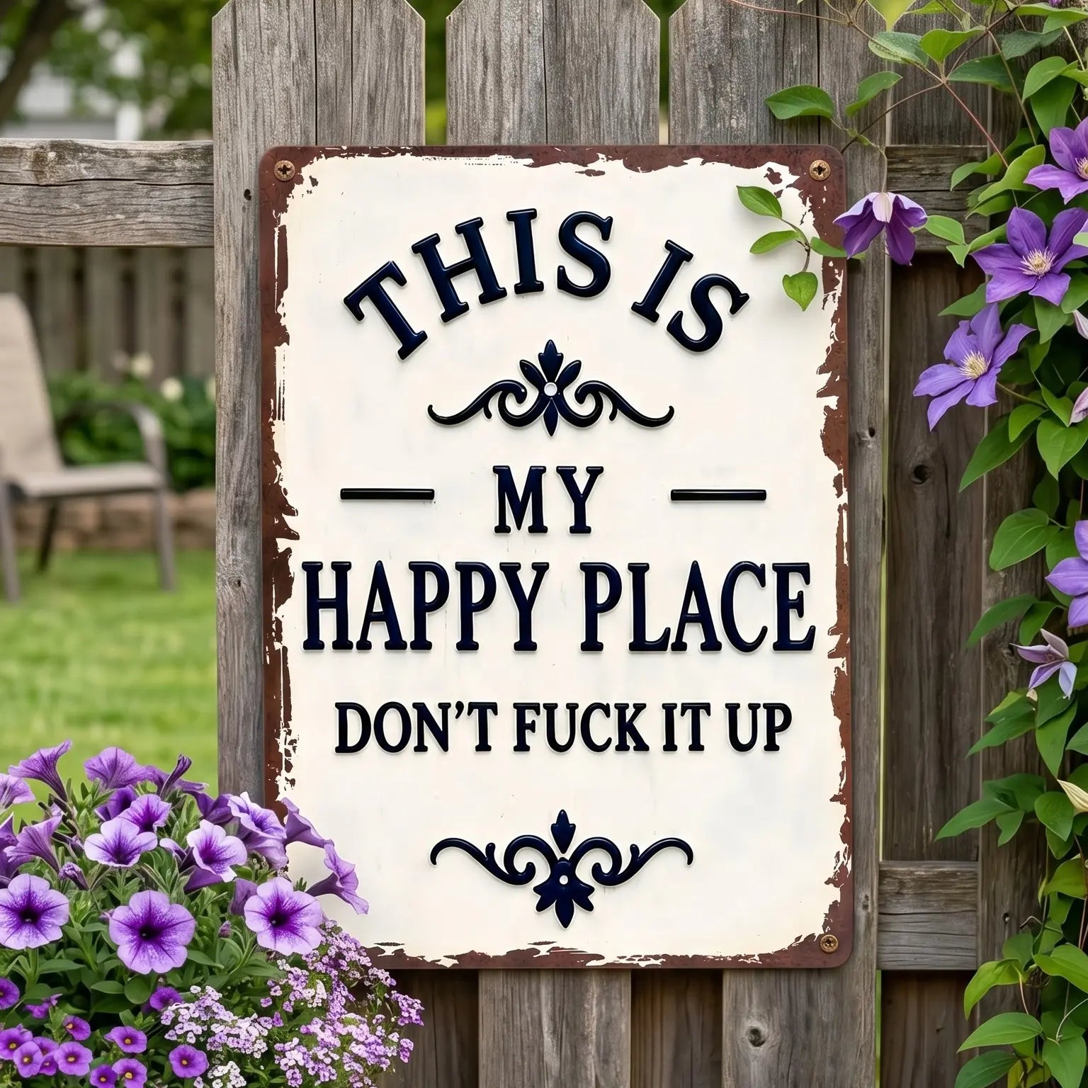 Letrero de metal "My Happy Place Don't Ruin The Fun" - Decoración de pared rústica de aluminio de 8x12 pulgadas