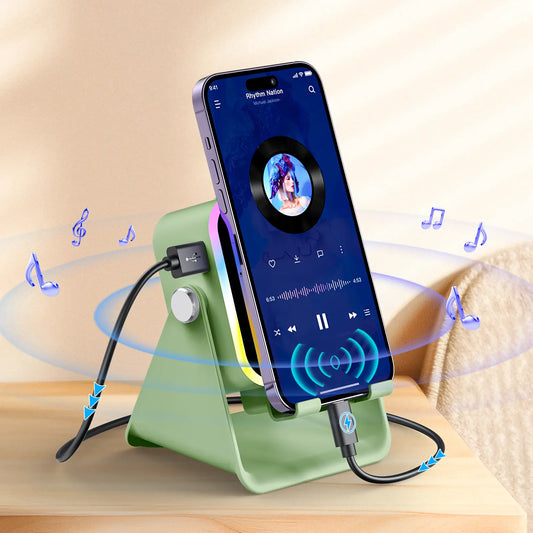 PUTARE 5-in-1 Wireless Induction Audio Speaker Stand, Cellphone Tablet Holder with 3500mAh Power Bank & Ambient Light, 360° Adjustable Desk Organizer, Father's Day Gifts