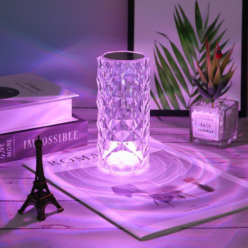 Can Switch 16 Colors Artificial Crystal Table Lamp RGB Color Changing Rose Diamond Design with Remote Control USB Charging Touch Sensor Ambient Lighting