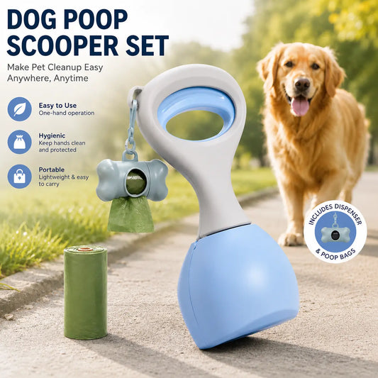Dog Poop Scooper Set with Waste Bag Dispenser & 15 Refill Bags
